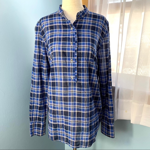 J. Crew Ocean Blue Plaid Ruffle Popover Shirt - Picture 2 of 10